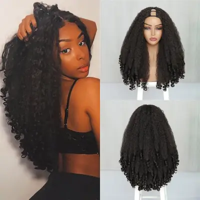 Image de Perruque Afro Bouclée Sans Colle - Demi-Perruque Clip-In Synthétique