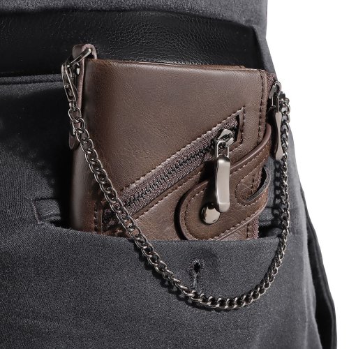Immagine di Portafoglio da Uomo in Pelle Classico con Catena, Retro e Antifurto RFID – Portamonete con Doppia Cerniera e Scomparti per Carte di Credito