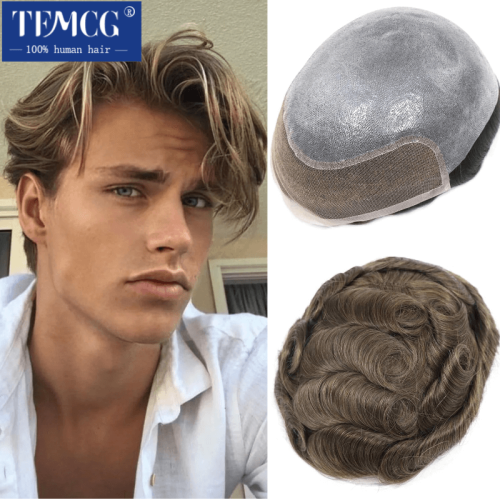 Image of Natural Looking 8x10 Swiss Lace Front Toupee with PU Base – 100% Human Hair Men's Wig for Full Hair Replacement and Realistic Hairline