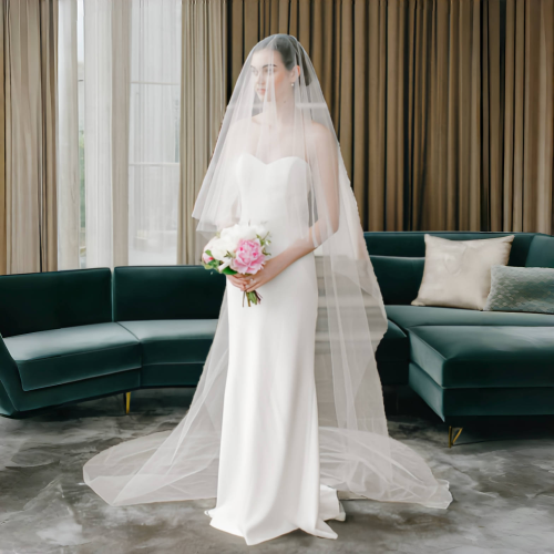 Image of Elegant Two-Tier Cathedral Length Bridal Veil with Blusher Front and Back Coverage for Timeless Wedding Look