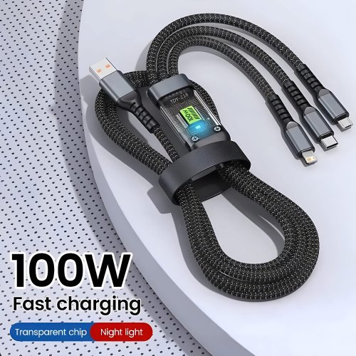 Afbeelding van 3-in-1 USB-C, Micro-USB en Lightning Oplaadkabel 100W 6A - Snelle Auto Oplader voor iPhone 16, 15, 14, 13, Samsung, Xiaomi, Huawei