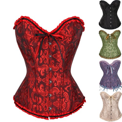 Image of Elegant Floral Lace Overbust Corset with Vintage Gothic Design – Boned Satin Bustier for Women