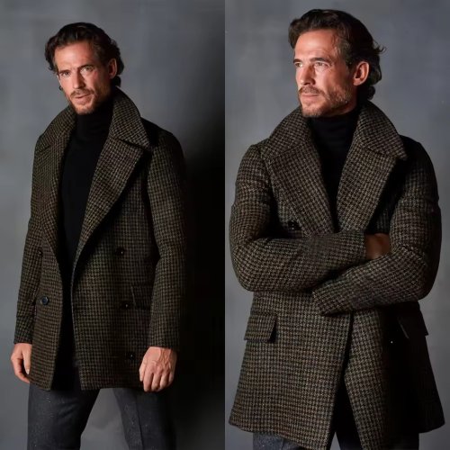 Afbeelding van Elegante Winter Heren Wollen Tuxedo Jas met Vintage Klein Ruitpatroon, Klassieke Eendelige Sluiting en Stevige Kraag – Perfect voor Bruiloften en Formele Evenementen