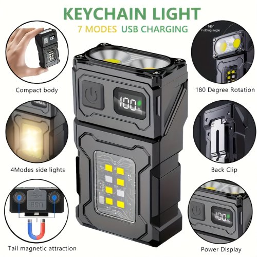 Imagen de Linterna LED Recargable por USB con Imán Trasero, Linterna Portátil Superbrillante para Camping y Emergencias, Luz de Bolsillo con Cob Lateral