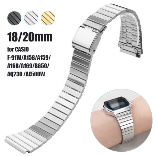 Imagen de Correa de acero inoxidable de 18mm y 20mm para CASIO F-91W/A158/A159/A168/A169/B650/AQ230 /AE500W, pulseras de Metal ultrafinas