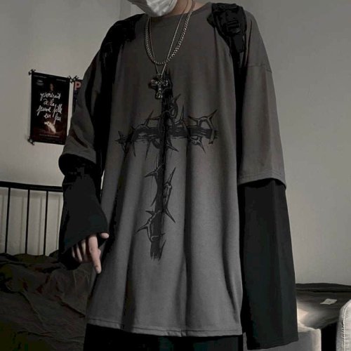 Afbeelding van Herfst Heren T-Shirt met Lange Mouwen - Oversized Anime Casual Look, Harajuku Streetwear Stijl, Y2K Hip Hop Top voor Mannen