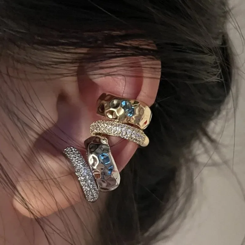 Image of Punk Zircon Double-layer Ear Cuff No Piercing Earrings Trendy Unique Metal Geometric Ear Clip for Women Jewelry Accessories Gift