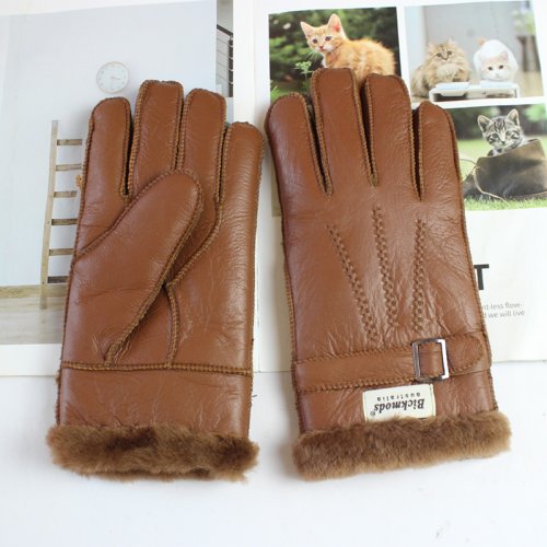 Image of Premium Men's Sheepskin Leather Gloves with Thick Fur Lining – Warm, Windproof & Cold-Resistant Winter Finger Gloves for Outdoor Activities