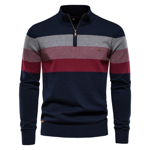 Afbeelding van Herensweater van katoen met patchworkdetail, casual rits en mock hals – warme wintertrui voor mannen
