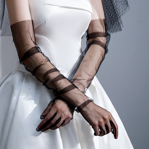 Image of Elegant 70cm Ultra-Thin Tulle Elbow-Length Gloves for Bride – Sheer Vintage Black and White Mesh Wedding Mittens