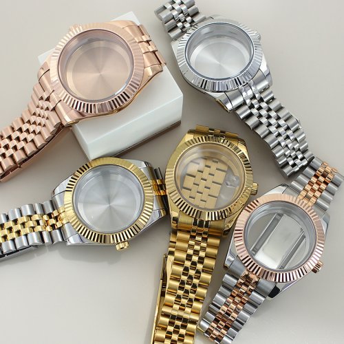 Immagine di Cassa da 39mm e 36mm in acciaio inox con curva scanalata e vetro zaffiro per orologi Seiko NH35, NH36, NH38, NH34 e Miyota 8215 - Quadrante 28.5mm con bracciale giubileo