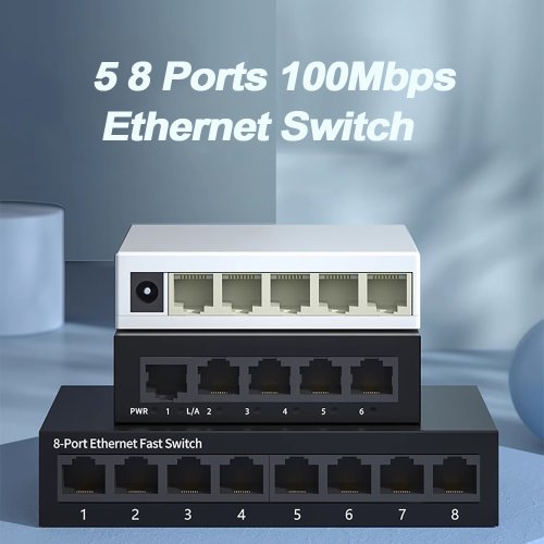 Afbeelding van Mini Netwerk Switch met 5 Poorten, 8-poorts 10/100 Mbps Ethernet Switch voor Thuis en Kantoorgebruik