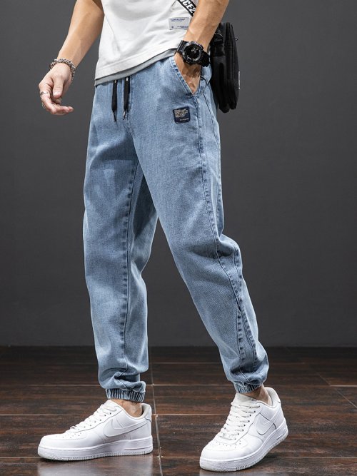Zomerse Zwarte en Blauwe Cargo Jeans voor Heren - Streetwear Denim Jogger Broek met Baggy Harem Stijl, Plus Size