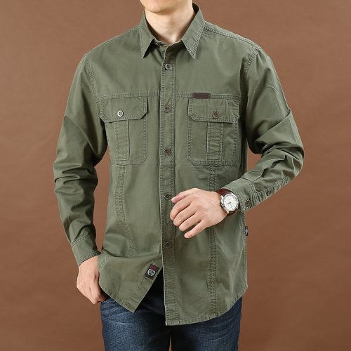 Image of Premium 100% Cotton Men's Long Sleeve Solid Color Casual Shirt with Multi-Pocket Design – Oversized Cargo Jacket Style in 6XL for Spring and Fall Fashion