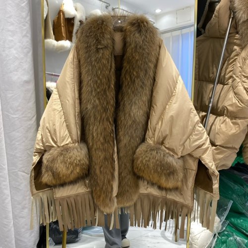 Imagen de Chaqueta de invierno para mujer con plumas de ganso auténticas, diseño europeo elegante, abrigo largo con capucha y cuello de piel de mapache real 2025
