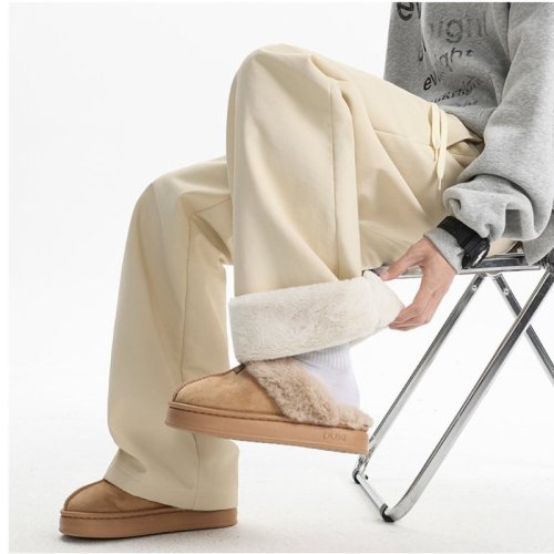 Immagine di Pantaloni in pile caldi casual autunnali e invernali leggibili da donna addensano pantaloni larghi da donna in tinta unita a gamba larga