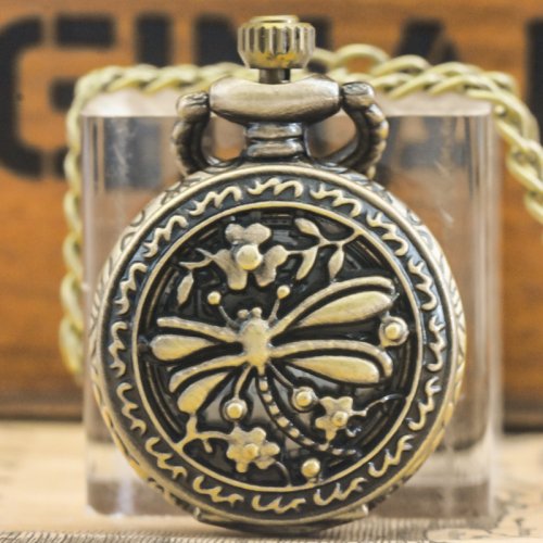 Afbeelding van Retro Bronzen Steampunk Libel Gegraveerd Klein Quartz Zakhorloge met Ketting – Vintage Horloge Hanger voor Mannen en Vrouwen