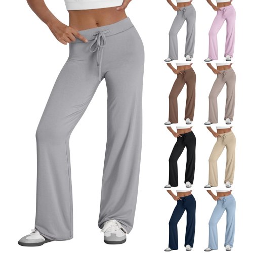 Immagine di Pantaloni da Donna a Gamba Larga in Cotone Comfortable con Tasche e Vita Alta - Activewear Sportivo Casual per Yoga e Ogni Occasione