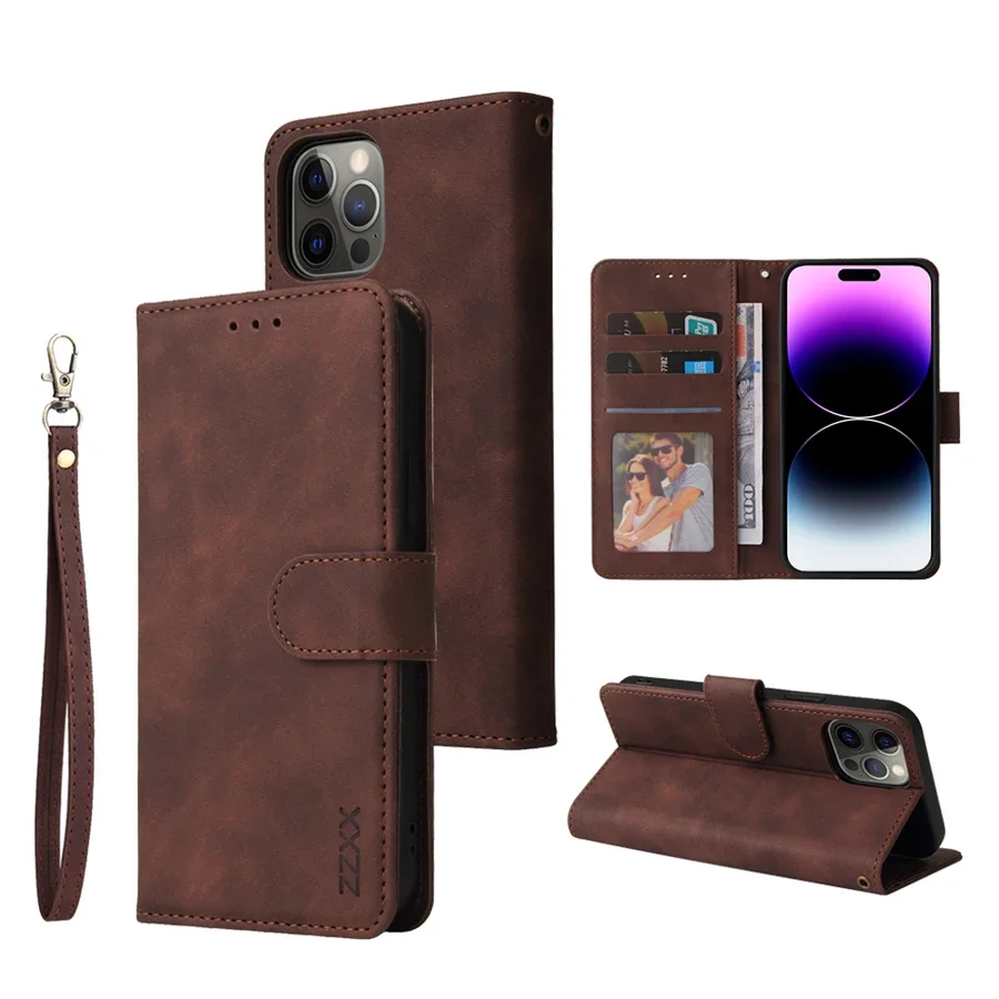 Imagen de Funda de Cuero Tipo Billetera para iPhone 16, 16 Pro Max, 15, 14, 13 Mini, 12, 11, X, XS, XR, SE2, 8, 7, 6s Plus con Soporte y Ranuras para Tarjetas