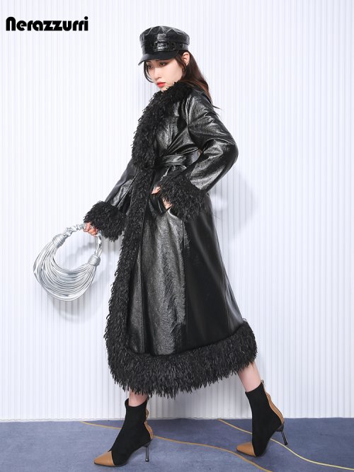 Imagen de Abrigo largo de piel sintética para mujer, estilo europeo, acolchado negro cálido y suave, ideal para otoño e invierno
