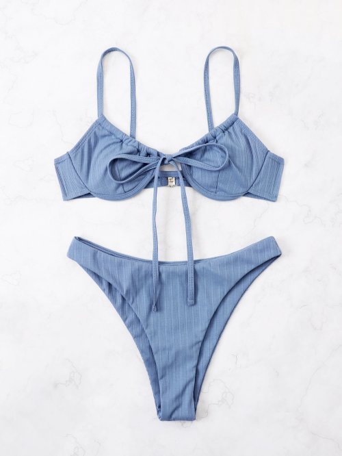 Zdjęcie Seksowny strój kąpielowy push-up z wiązaniem z przodu – bikini damskie z fiszbinami, elegancki kostium kąpielowy na lato, modna odzież plażowa dla kobiet