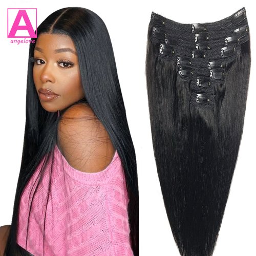 Afbeelding van Rechte Clip In Human Hair Extensions Natuurlijk Zwart 100% Mensenhaar Set Met 18Clips Dubbele Inslag Haarverlenging Voor Vrouw
