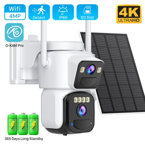 Imagen de Cámara de Seguridad Solar WiFi de Doble Lente 8MP con Visión Nocturna en Color, Detección de Movimiento PIR y Panel Solar para Exterior - Aplicación O Kam