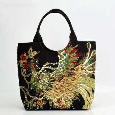 Image de Sac Éthnique Pailleté Brodé Paon - Style Vintage