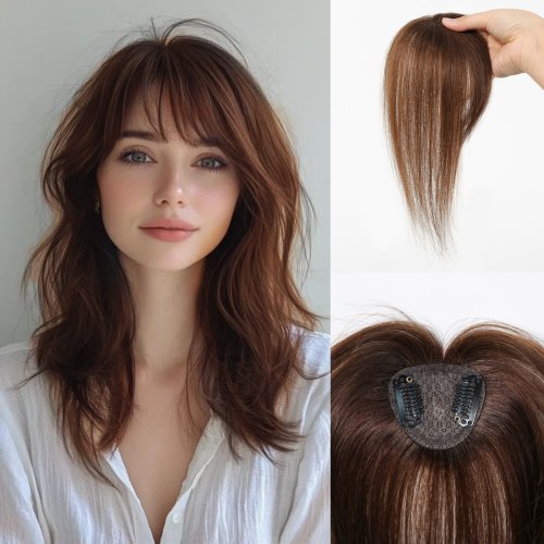 Bild von Eleganter dunkelbrauner Echthaar-Topper mit Air Bangs – modischer, glatter Haartopper für Frauen zum täglichen Tragen, Clip-in-Haarverlängerung für natürlichen Look