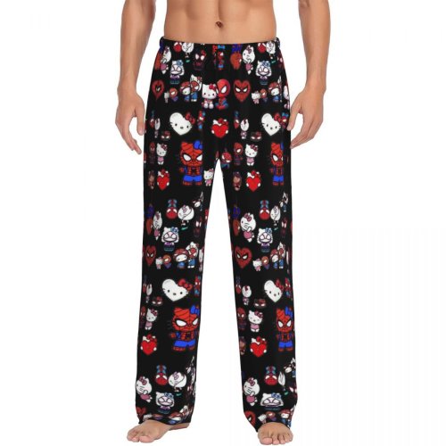 Image of Men's Kawaii Cat Print Pajama Pants - Soft, Comfortable Sleepwear Bottoms with Pockets for Cozy Nights
