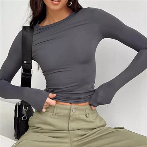 Image of Stylish Women's Long Sleeve Slim Fit T-Shirt for Spring and Autumn – Solid Color Casual Basic Tee with Y2K Streetwear Vibe