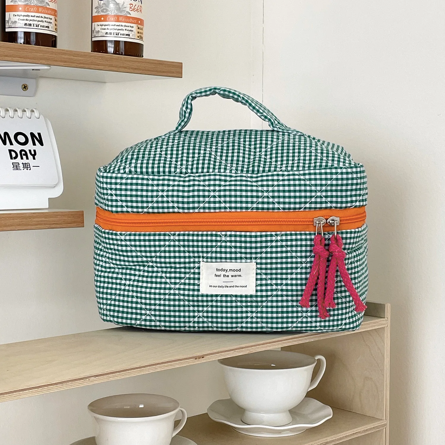 Immagine di Borsa per Cosmetici da Donna in Stile Scozzese Trapuntata – Borsa da Viaggio Portatile con Pochette e Portamonete per Articoli da Toilette Femminili