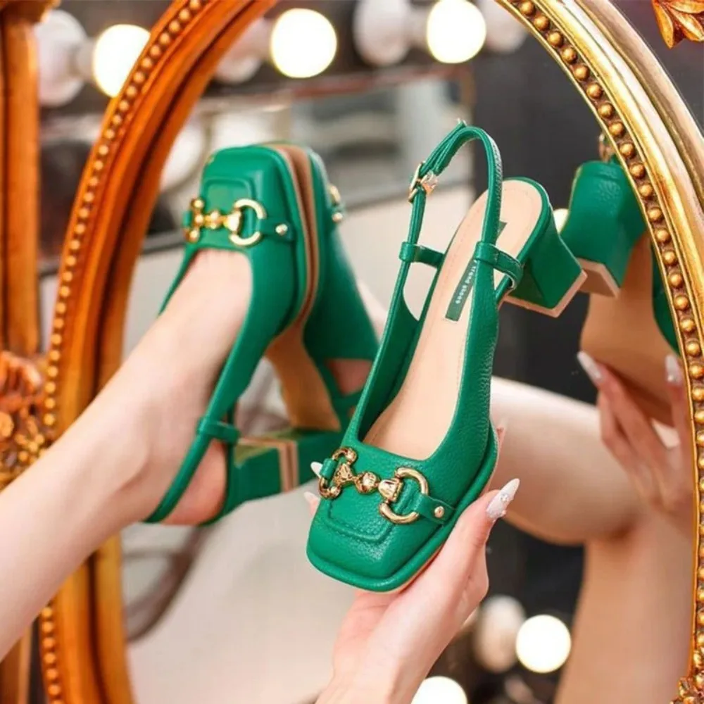 Image of Elegant French-Style Women's Mid-Heel Mary Jane Shoes with Backless Design, Square Toe and Thick Heel for Summer Fashion