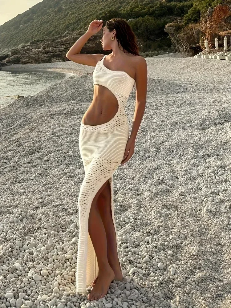Afbeelding van Elegante Y2K Gebreide Wrap Maxi Jurk voor Vrouwen – Sexy Een-Schouder Gehaakte Bodycon Beachwear Cover-Up met Uitsneden voor Strand, Feest en Club