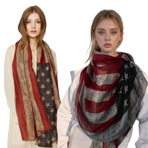 Image of Popular Shawl American Flag Oblong Scarfs Patriotic Stars Pattern Headscarf Muffler Voile Soft Wrap Geometric Stripes Scarf