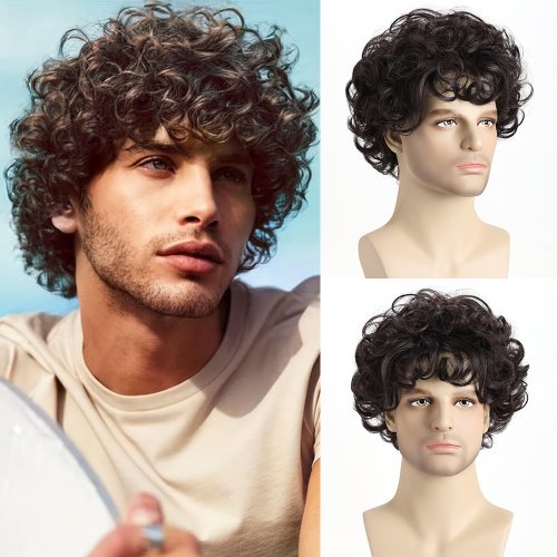 Image of Natural-Looking 10-Inch Brown Short Curly Wave Synthetic Wig for Men – Heat-Resistant Fiber, Daily Wear & Halloween Costume