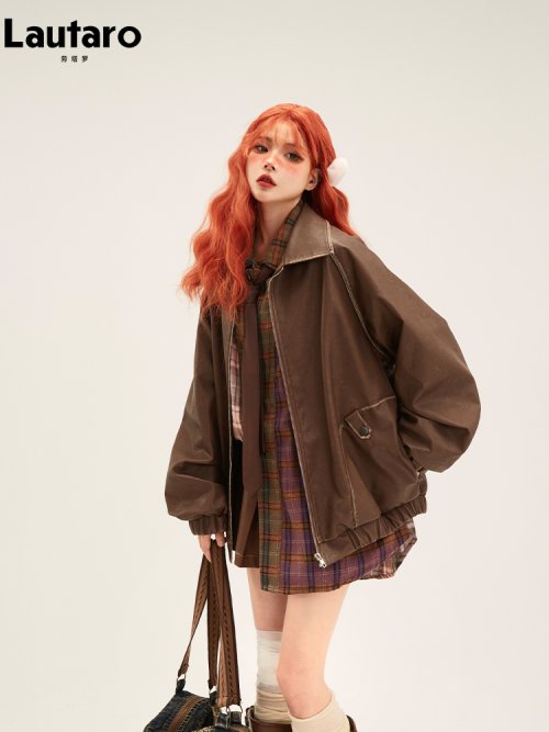 Image of Oversized Distressed Black Faux Leather Jacket for Women – Retro Spring & Autumn Zip-Up Soft Maillard Style Coat