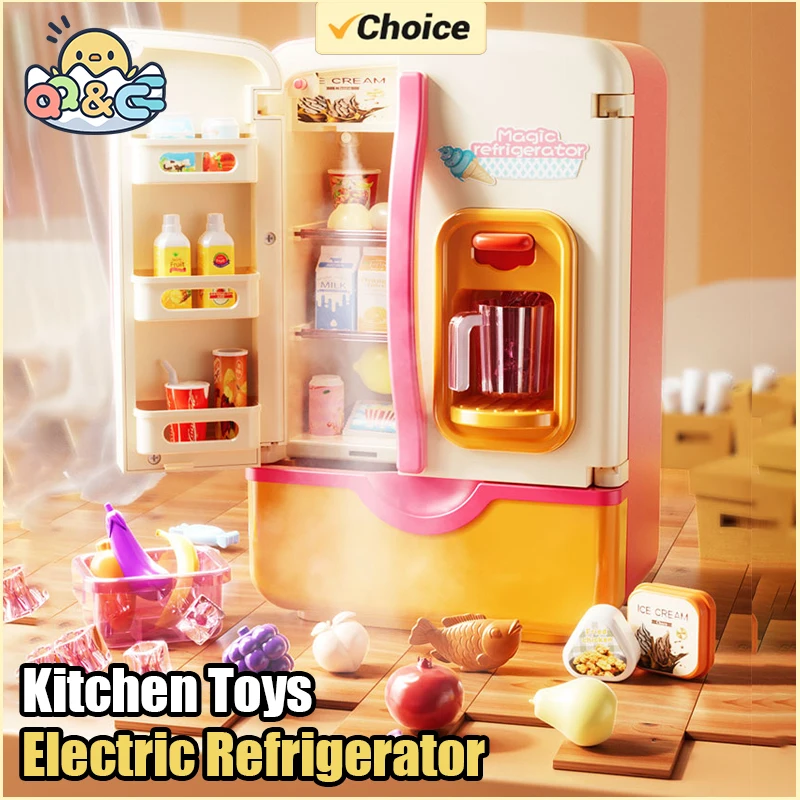 Imagen de Casa de juegos para niños, juguete de simulación, refrigerador eléctrico, cocina, juego de simulación con juguetes de pulverización ligera para niña, regalo de Navidad