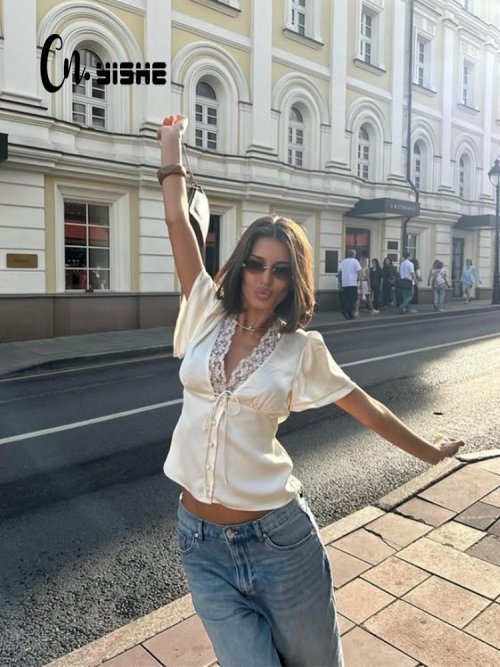 Afbeelding van Elegante Vrouwen T-Shirt met Patchwork Ontwerp, Korte Mouwen en V-Hals – Stijlvolle Casual Top voor Club en Dagelijks Gebruik