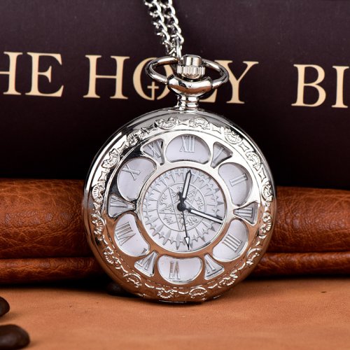 Immagine di Orologio da tasca creativo al quarzo cavo inciso argentato con collana pendente vintage con numeri arabi per catena regalo di compleanno