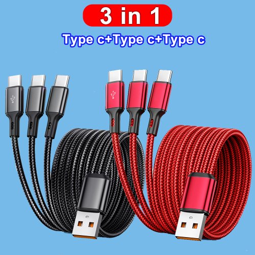 Afbeelding van 3-in-1 USB naar 3× Type-C Kabel 100W 6A Snel Opladen voor Samsung Galaxy S24, Xiaomi, Huawei en Andere Android Telefoons met Snelle Gegevensoverdracht
