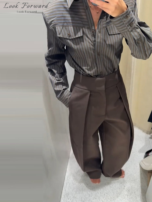 Imagen de Conjuntos de pantalones y camisa a rayas Vintage para mujer, Tops con solapa y una botonadura, pantalones plisados frontales, ropa de calle firme de otoño 2025