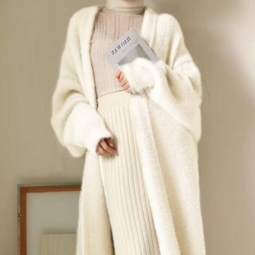 Imagen de Cárdigan Largo Blanco de Cachemira para Mujer - Suéter de Punto Esponjoso, Estilo Coreano, Caliente y Vintage, Ideal para Invierno 2025