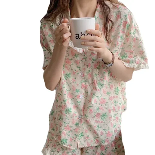 Image of Floral Sleepwear Women Pajama Sets Korean Piiama Summer Shorts Sets 2 Pieces Short Sleeve Night Wears Casual Button Home Suit