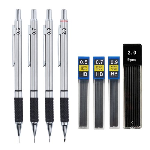 Image of Premium Metal Mechanical Pencil Set with Comfort Grip, Replaceable Leads for Art Drawing, Student and Office Use – 0.5mm, 0.7mm, 0.9mm, 2.0mm Automatic Pencils