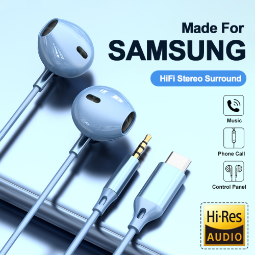 Image of Premium Hi-Fi Surround Sound In-Ear Wired Earphones with USB-C & 3.5mm Jack, Inline Remote Control for Samsung Galaxy S24, S23, S22 Ultra and Other Smartphones