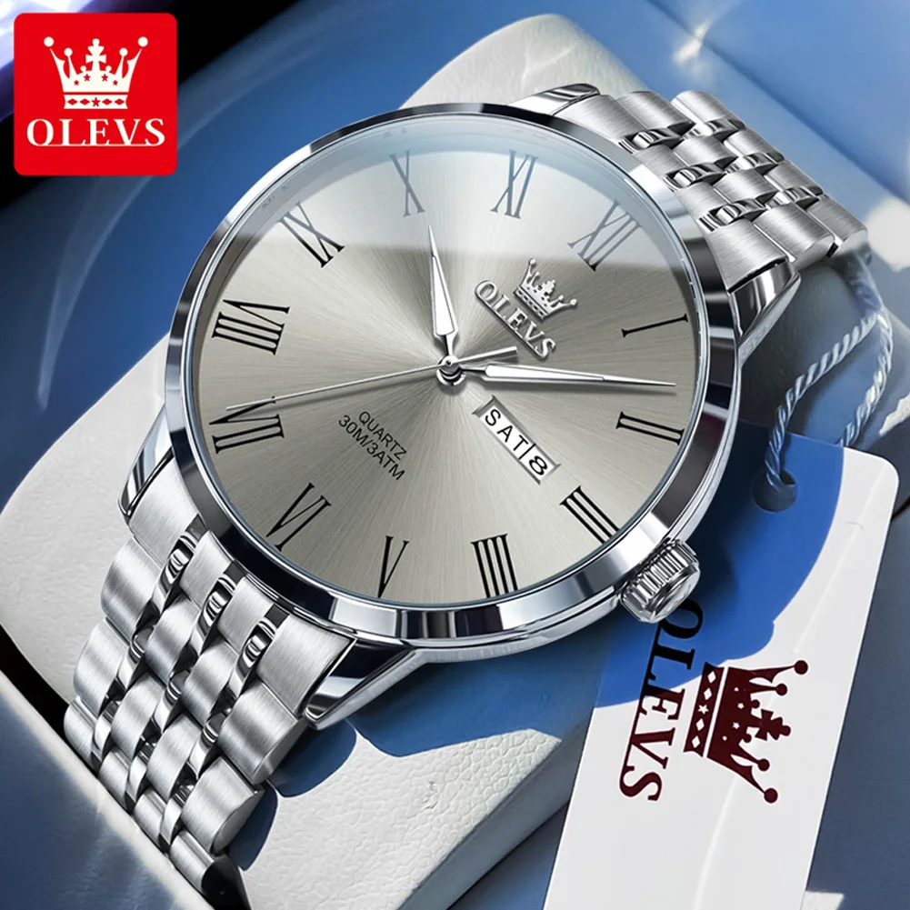 Image of Elegant Minimalist Stainless Steel Watch for Men with Luminous Hands, Roman Numerals, Date Calendar, and Waterproof Quartz Movement