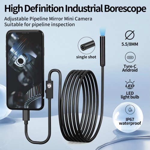 Zdjęcie Kamera endoskopowa z systemem Android 5,5/8 MM TYPE-C IP67 Wodoodporna 6 LED Regulowany boroskop Mini kamera do inspekcji rurociągu