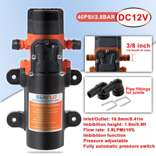 Afbeelding van DC 12V 40 PSI Camper Booster Membraanpomp - Zelfaanzuigende Waterpomp voor Hogedrukreiniging, Irrigatie en Drinkwaterinstallaties