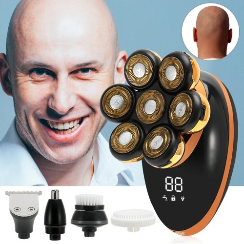 Imagen de Afeitadora Eléctrica Flotante 7D para Hombres con Corte de Pelo y Barba Seca y Húmeda, Maquinilla Recargable con Pantalla LCD para Cabeza Calva